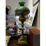 Large Victorian heavy oil lamp with green glass shade, 28" tall including the shade est 40-60
