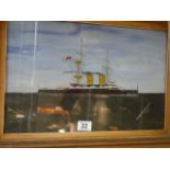 Gilt Framed and glazed gouache and watercolour of the HMS Camperdown, monogrammed W R O image size