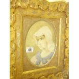 19 th century gilt Framed and glazed watercolour of a young lady with a hood probably Dutch