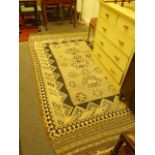 Antique Shiraz rug 10'6 long x 5'6 wide, blue and cream, tassel boarder to top and bottom, strong