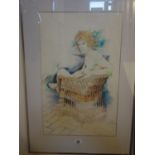 Tom Davison, Framed and glazed watercolour, naked Man seated in wicker chair, 16" x 24" signed