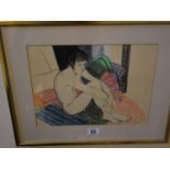 Tom Davison, Framed and glazed watercolour, naked Man seated on rug, 14" x 10" signed and dated 88'