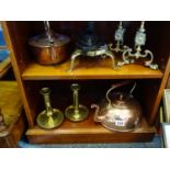 Pair of brass fire dogs, brass trivet and iron, copper and brass kettle, 2 x Victorian telescopic