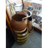 Antique oak and brass coopered barrel, 16" tall, a brass and copper coal bucket
