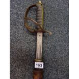 19c Officers Sword and Scabbard, leather bound case blade numbered 105092, etched blade, probably