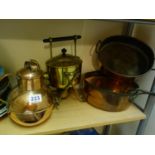 19c copper and iron AGA stove pan and lid, brass late Victorian spirit kettle on stand with