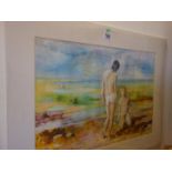 Tom Davison unframed but mounted watercolour depicting 2 x naked men on the beach at Sandwich Bay,