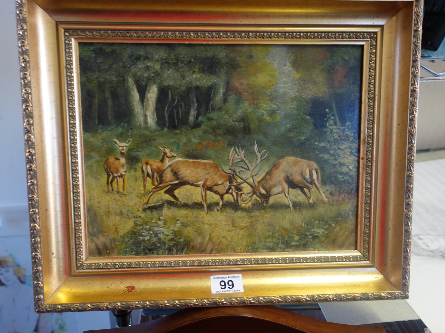 Interesting Hungarian oil painting on board, stags in a landscape, by Janos Simon 1930-2018