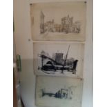 Patrick Hall, studio contents 2 x un-framed drawings, Town scene with figures, signed and dated 1940