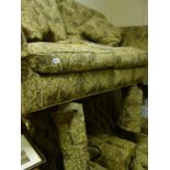 Superb quality vintage tapestry upholstered sofa and 2 x open armchiars, with fire mark