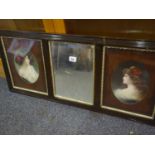 Edwardian period mirror, 3' x 20" the centre section flanked by 2 prints head and shoulders