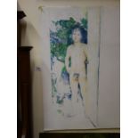 Tom Davison unframed watercolour, naked man in doorway 24" x 36" and 1 other similar watercolour,
