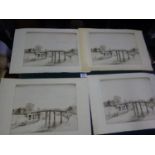 Patrick Hall, studio contents 7 etchings on green or beige paper, same subject of a quayside with
