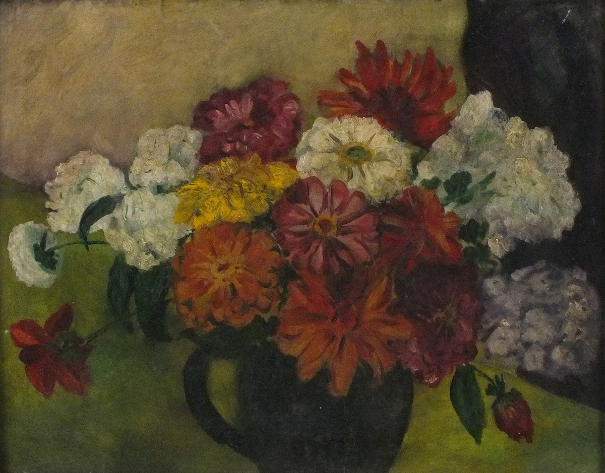 20th Century British School, Floral Still Life - Dahlia and Hydrangea Bouquet in a Black Jug, Oil on