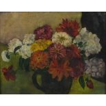 20th Century British School, Floral Still Life - Dahlia and Hydrangea Bouquet in a Black Jug, Oil on