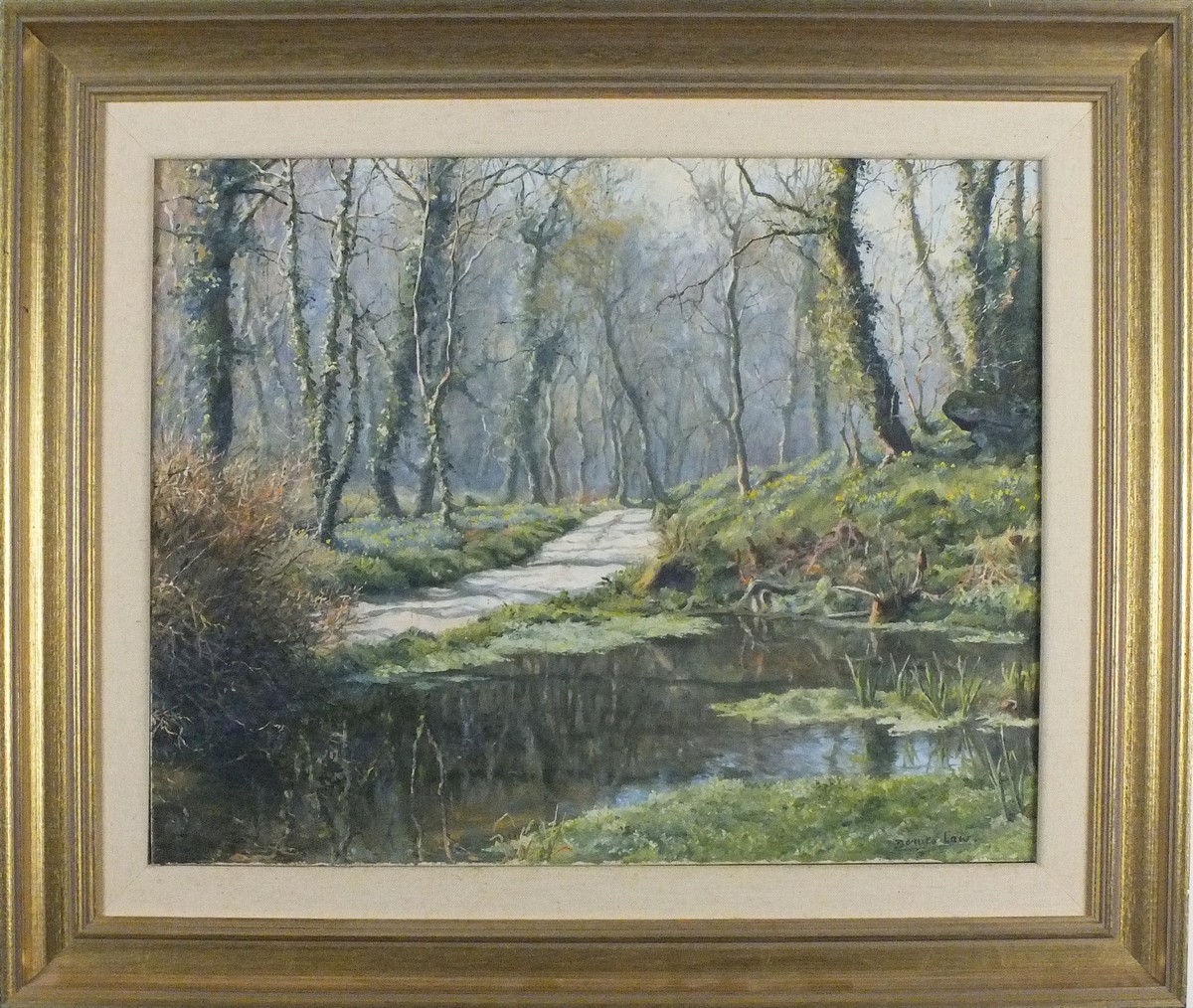 Denys LAW (British 1907-1981) Wooded Path beside a Pond, Oil on board, Signed lower right, 15.5" x - Image 2 of 2