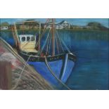 20th Century British School, Trawler Yacht moored in the Harbour, Hayle, Pastel, Signed with