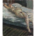 Pat ALGAR (British 1939 - 2013) Female Nude reclining on a Bed, Oil on board, Signed lower left,