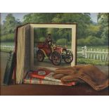 A* J* APPLEBY (British 20th Century) Trompe-l'oeil with Books, Gloves and a Vintage Car, Oil on