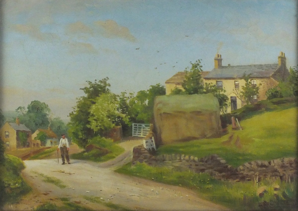 Arthur Moorwood WHITE (British 1865-1953) 'St.Ives' - Figure in a Country Lane before a Farmhouse,