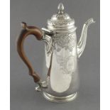 A George II silver coffee pot, John Jacob, London 1747, engraved with foliage and swags, the