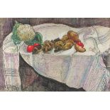 William De BELLEROCHE (British 1912 - 1969) Still Life of Vegetables on a Lace Table Cloth, Felt