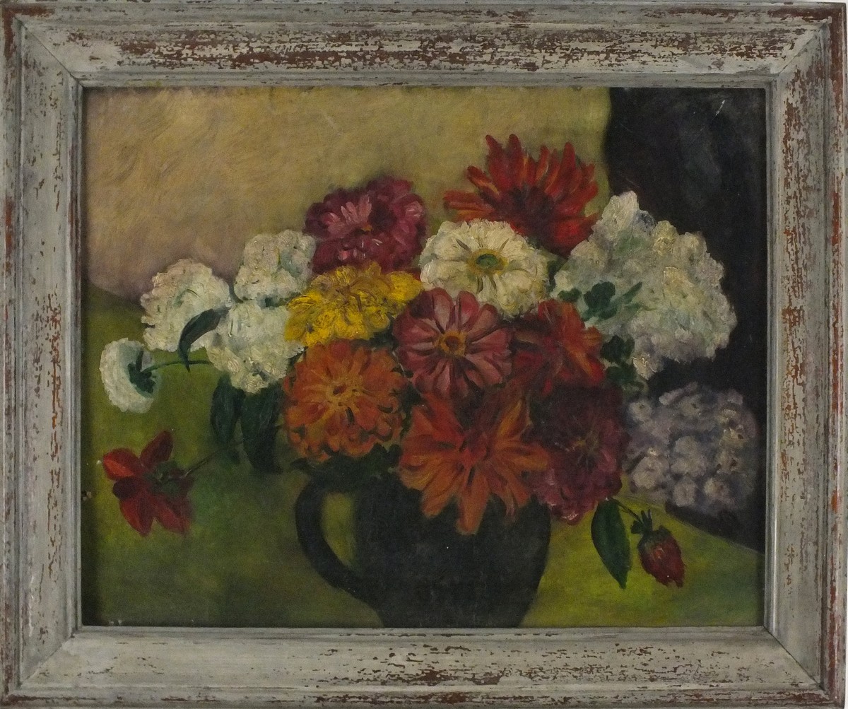 20th Century British School, Floral Still Life - Dahlia and Hydrangea Bouquet in a Black Jug, Oil on - Image 2 of 2