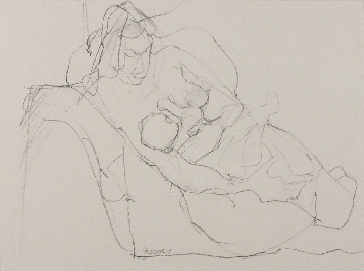 Annabelle GREGORY (British 20th/21st Century) 'Mother and Child', Charcoal drawing, Titled on