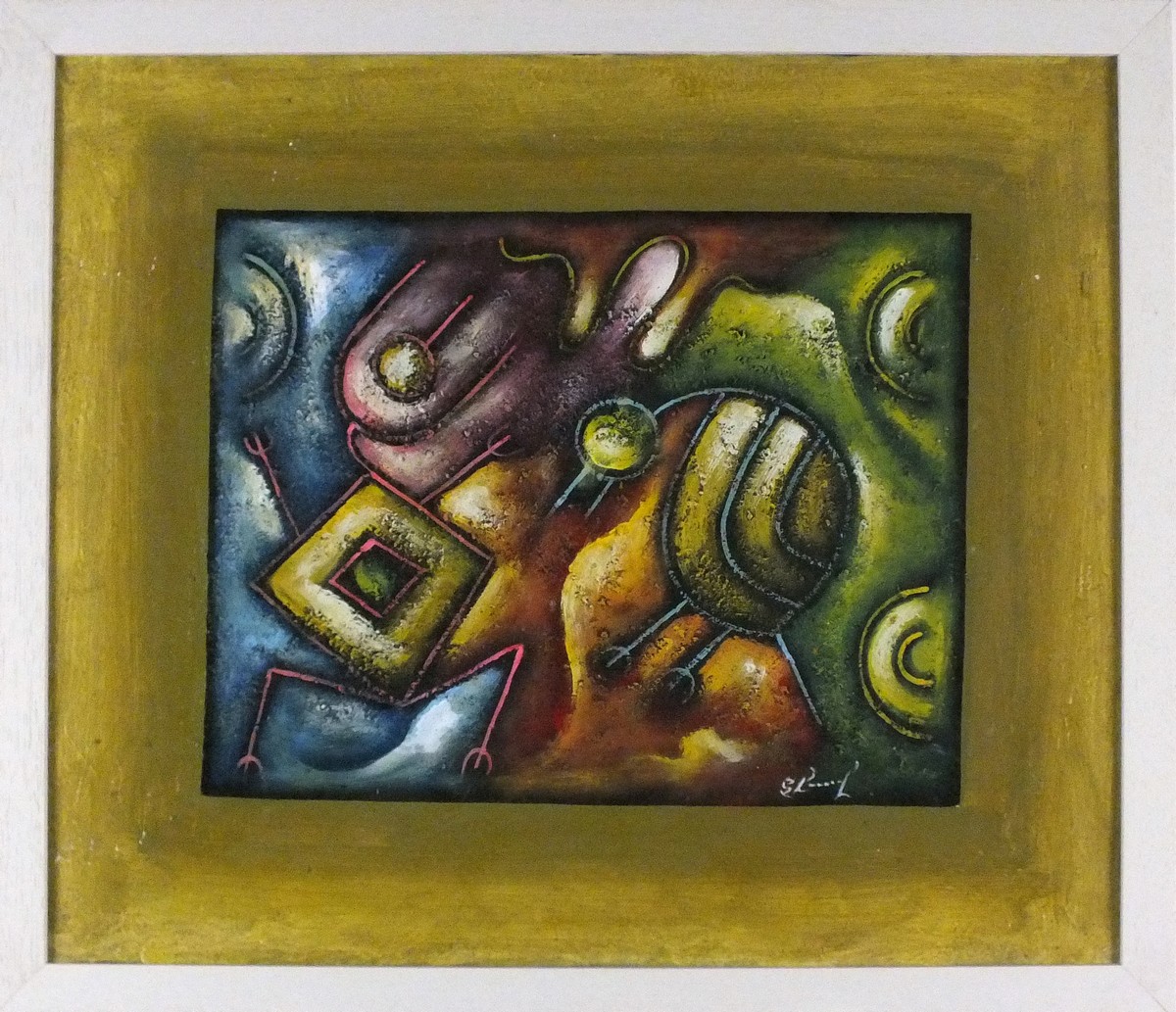 20th/21st Century Cuban School, Abstract Figures, Pair mixed media paintings on card, Both - Image 4 of 4