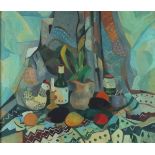 Horas KENNEDY (British 1917-1997) Still Life with Ceramic Chicken, Bottle, Textiles etc, Oil on