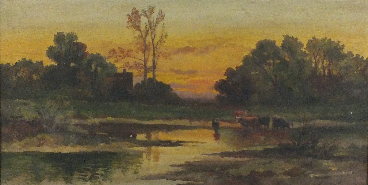 Late 19th Century British School Cattle at a Ponds Edge - Evening, Oil on canvas, 9.5" x 19.75" (