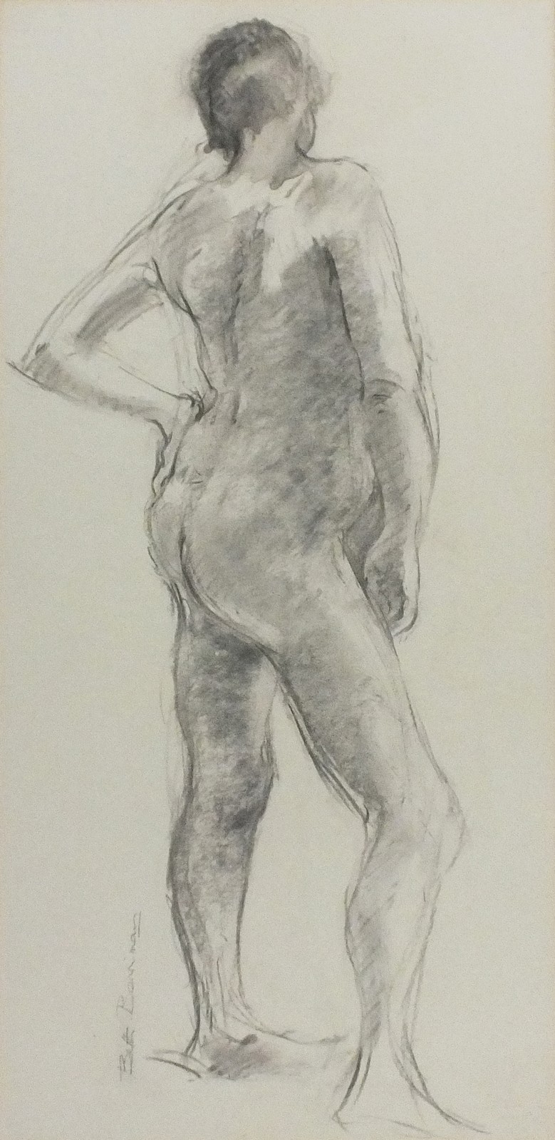 Beth BERRIMAN (British b.1920) Standing Nude - Rear View, Charcoal, Signed lower left, 19.5" x 9.