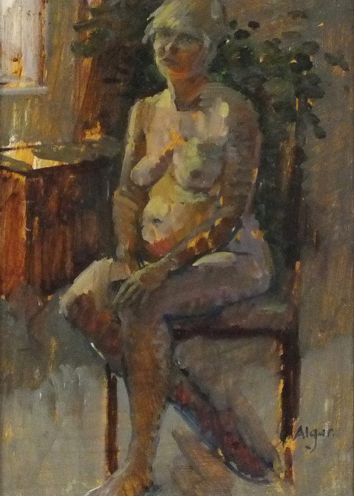 Pat ALGAR (British 1939 - 2013) 'Seated Nude' - Portrait of a Woman, Oil on board, Signed,