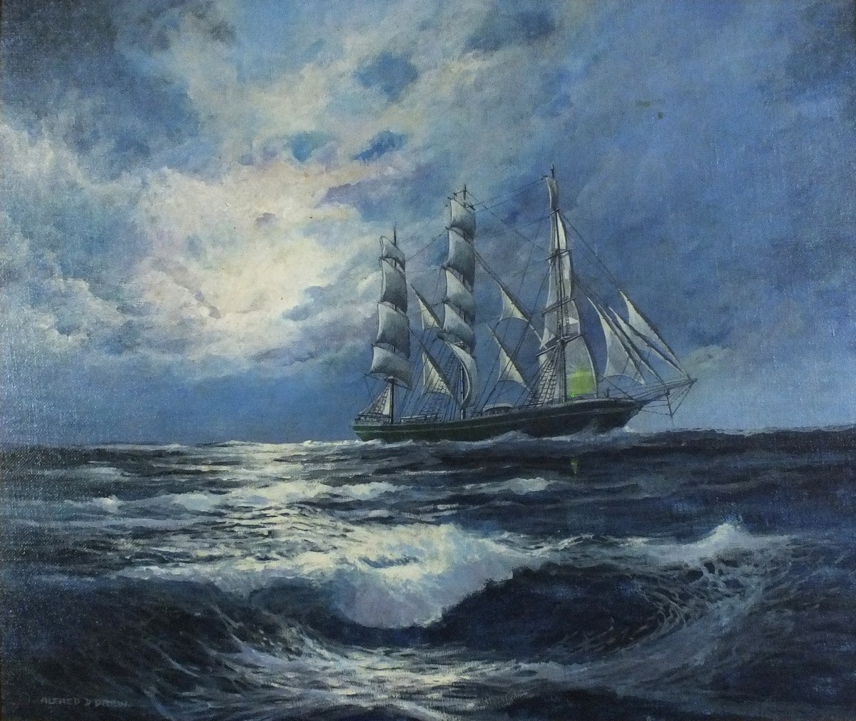 Alfred DREW (British 1926-2002) Three-masted Ship  in the Moonlight, Oil on canvas board, Signed