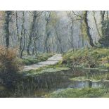 Denys LAW (British 1907-1981) Wooded Path beside a Pond, Oil on board, Signed lower right, 15.5" x