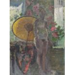 Pat ALGAR (British 1939 - 2013) Standing Female Nude with Parasol, Oil on board, Signed lower right,