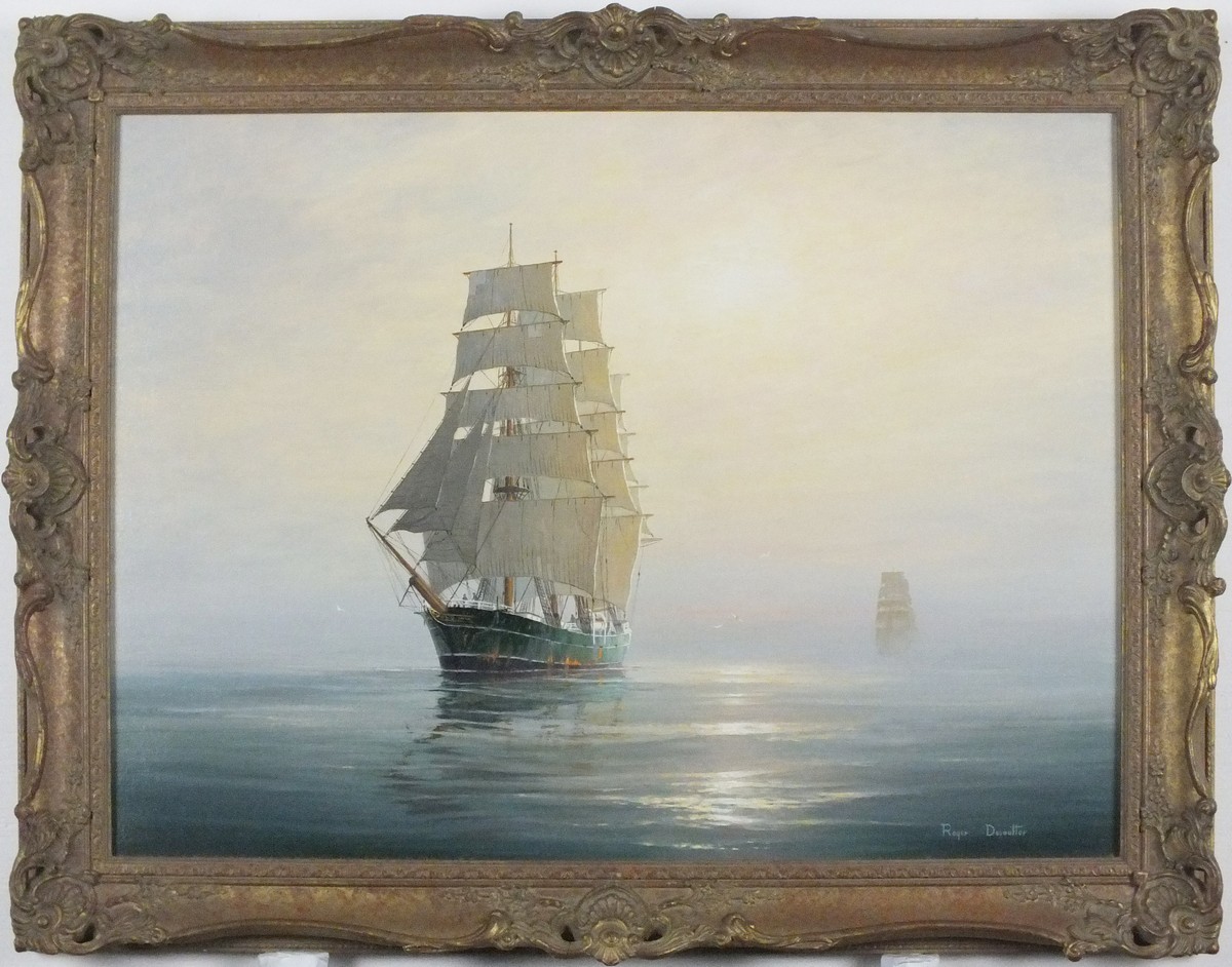 Roger Charles DESOUTTER (American b.1923) Becalmed off Start Point, Oil on canvas, Signed lower - Image 2 of 3