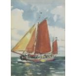 Arthur Royce BRADBURY (British 1892-1977) Sailing Boat with Red Sails, Watercolour, Signed verso,