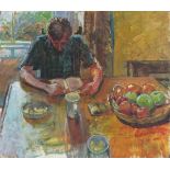 Pat ALGAR (British 1939 - 2013) Rab Reading at the Dining Table, Oil on board, Unframed, 16" x