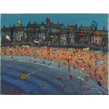 James DOWNIE (British b.1949) 'St. Ives' - busy Beach scene, Oil on canvas, Signed, titled & dated