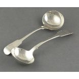 A pair of Victorian silver fiddle pattern sauce ladles, James Beebe, London 1841, engraved with