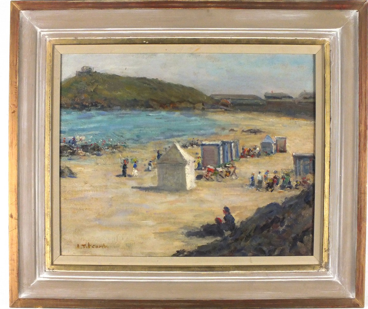 John Henry TITCOMB (British 1863-1952) Figures by Bathing Huts, Porthmeor Beach, St.Ives, Oil on - Image 2 of 2