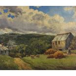 Arthur WHITE (British 1865-1953), A Cornish Valley, with an old barn, sheep and figures, Oil on