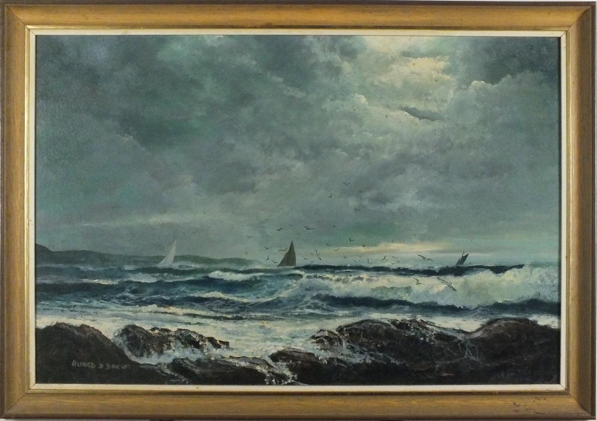 Alfred DREW (British 1926-2002) Sailing Vessels in Rough Seas, Oil on canvas board, Signed lower - Image 2 of 3