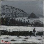 James DOWNIE (British b. 1949) 'A View of the Mount'  - Wintry Scene with Figure and Dog facing