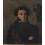 After Orest Adamovick KIRENSKY Portrait of Alexander Pushkin, colour engraving  9" x 11" (23cm x