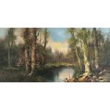 Carle BADLOT (German 20th Century) Wooded River Landscape, Oil on canvas, Signed lower right, 15.25"