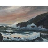Alfred DREW (British 1926-2002) Rocks and Breakers - Cornish Coastal Landscape at Dusk, Oil on