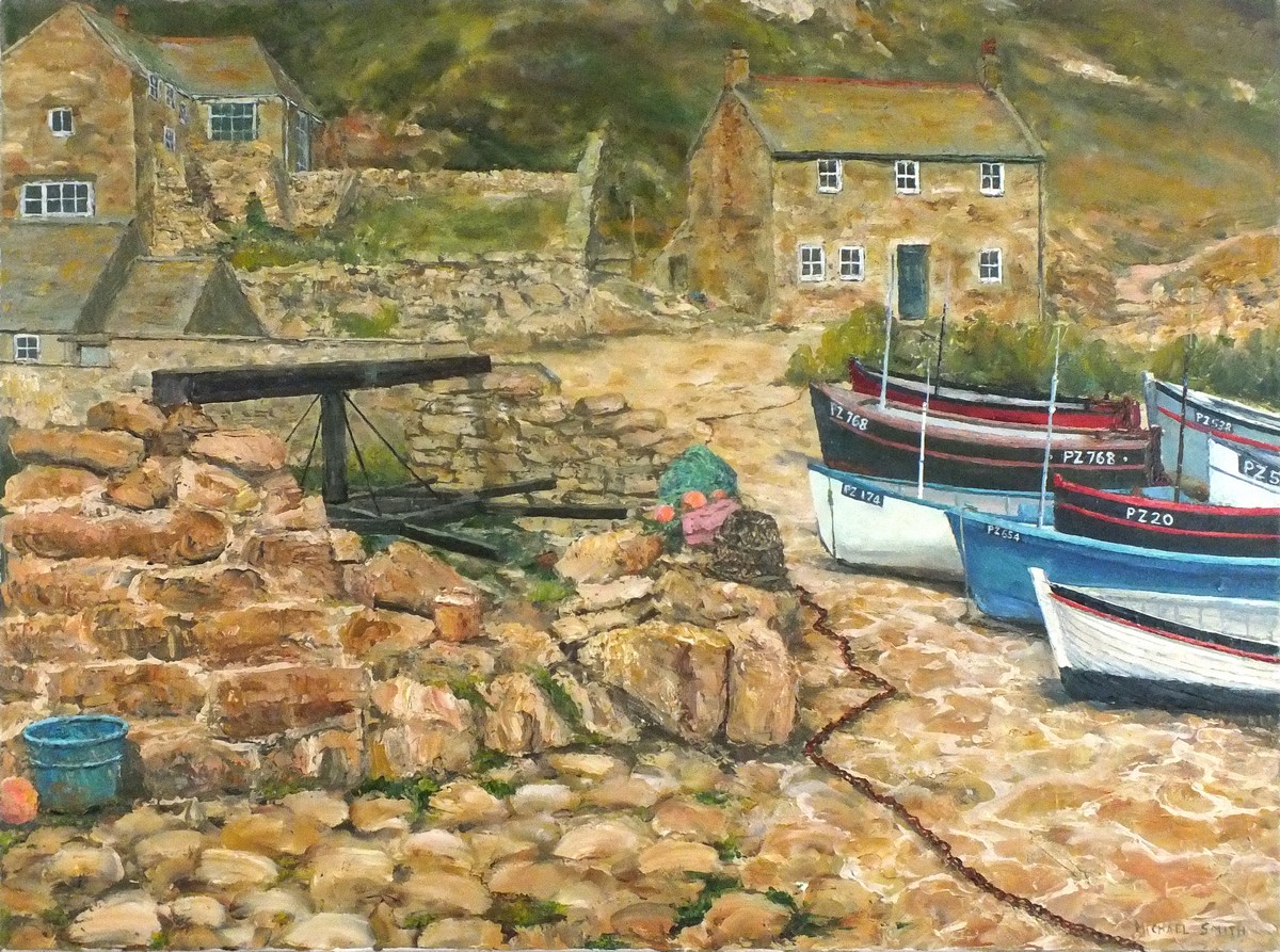 Michael SMITH (British b.1961) Penberth - Slip with fishing boats, Acrylic on canvas, Signed lower