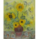 Joan GILLCHREST (British 1918-2008) 'Sunflowers in a Leach Pot', Oil on canvas board, Titled